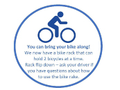 Bike rack notice: you can bring your bike along. The rack holds two bicycles and flips down; ask your driver for help.